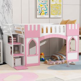 Twin Size Loft Bed with Storage Staircase and Window, Pink