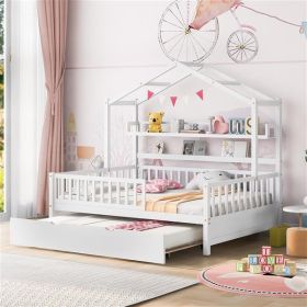 Wooden Full Size House Bed with Twin Size Trundle,Kids Bed with Shelf, White