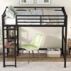 Full Size Metal Loft Bed with Built-in Desk and Storage Shelves, Black