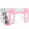 Twin Size Loft Bed with Storage Staircase and Window, Pink