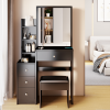 Small Space Left Bedside Cabinet Vanity Table + Cushioned Stool, Extra Large Right sliding mirror, Multi Layer High Capacity Storage, Practical Fashio