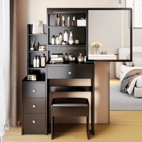 Small Space Left Bedside Cabinet Vanity Table + Cushioned Stool, Extra Large Right sliding mirror, Multi Layer High Capacity Storage, Practical Fashio (Color: as Pic)