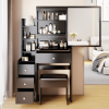 Small Space Left Bedside Cabinet Vanity Table + Cushioned Stool, Extra Large Right sliding mirror, Multi Layer High Capacity Storage, Practical Fashio